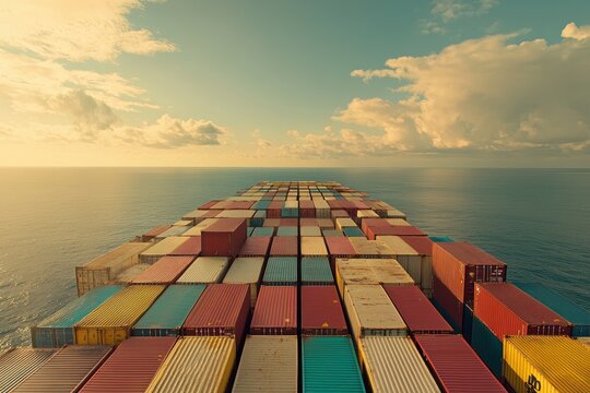 Containers arranged on a cargo ship sailing through open waters near sunset with a vibrant sky