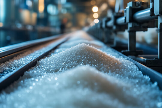 Production line showcasing the journey of refined sugar in a bustling factory