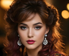 Fototapeta premium Elegant woman with sophisticated hairstyle and makeup posing on blurred background