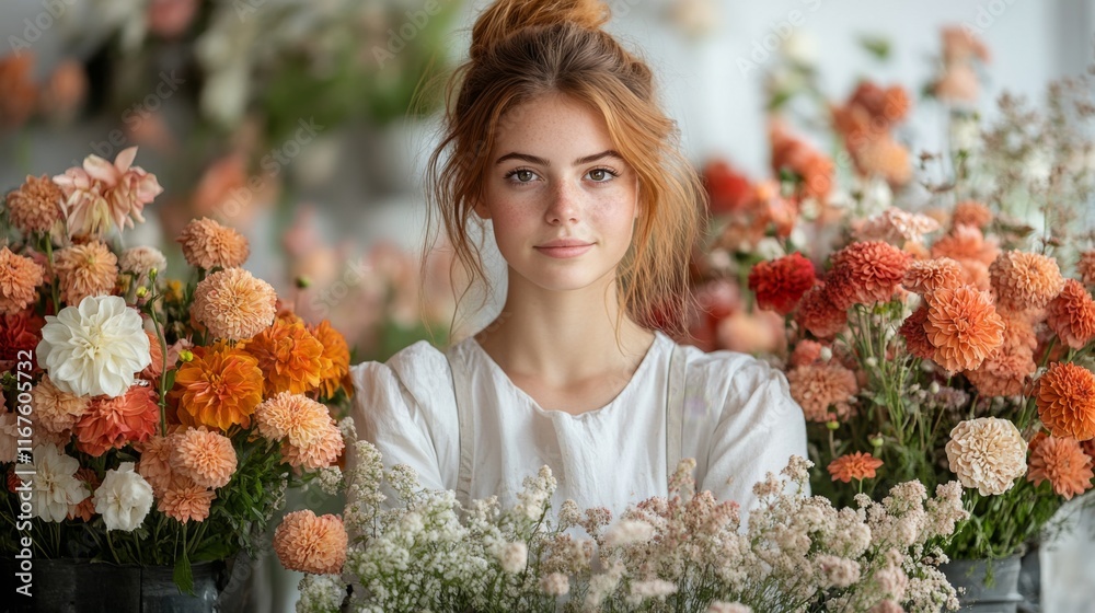 Sticker Portrait of a Young Florist Amongst Autumnal Blooms