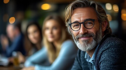 Mature Man Smiles Softly With Friends In Background
