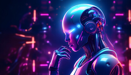 A digital human robot thinking with hand on chin and hologram icons in background
