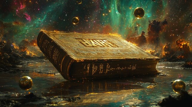Symbolic depiction of agnostic theism with levitating tome over still water surrounded by glowing orbs and infinite galaxies at dusk