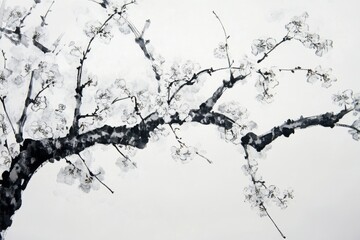 Fototapeta premium Beautiful cherry blossom branch depicted in traditional ink wash art showcasing delicate flowers against a minimalist background