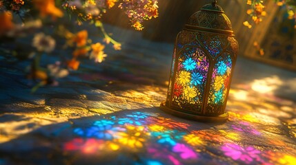 Colorful lantern casting vibrant light and shadows on stone patio with flowers.