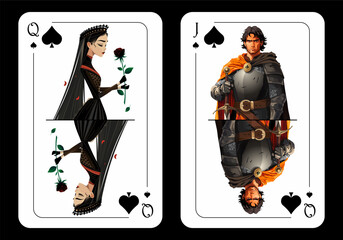 Queen of Spades and Jack of Spades, original playing card design on black background. Original design of playing cards. Vector illustration