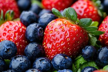 Fresh strawberries and blueberries attractively arranged on a green background for a vibrant summer display
