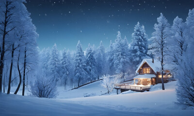 Fototapeta premium Cozy log cabin nestled in snow covered forest at night during a snowfall