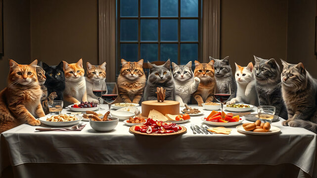 The last dinner of the thirteen cats on a long table covered with white cloth and food on the table inside the house.