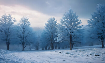 Fototapeta premium Snowy path winding through a frosty winter wonderland