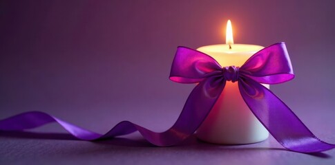 Purple ribbon elegantly tied around a softly glowing candle , cancer awareness, purple, cancer