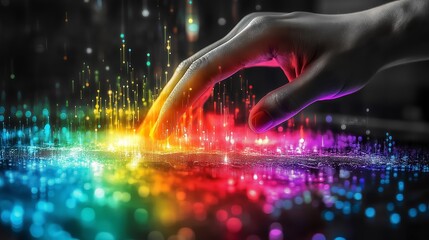 Hand touching vibrant digital rainbow AI data streams with glowing light particles against a dark background. Concept of technology, connection, and virtual interaction.
