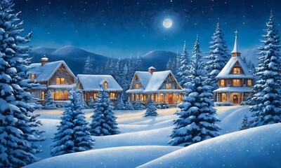 Quaint snow covered village glowing under moonlight christmas eve