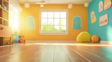 Sunny kids room interior with toys and wooden floor.