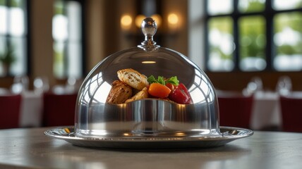 Elegant dessert display, pastries, and fresh berries under a dome, served in a fine dining restaurant.