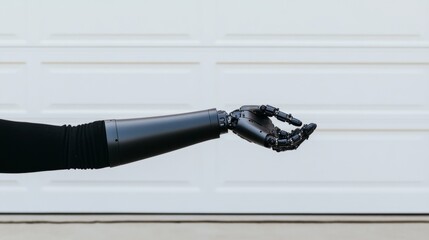 Black robotic prosthetic arm extended outward. Advanced assistive technology, innovative prosthetics, and futuristic design for improved mobility and functionality.