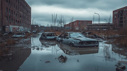 "Flooded Post-Apocalyptic Cityscape with Abandoned Cars and Destroyed Buildings