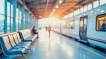 Obraz premium Blurred background of train station with passengers walking along platform, rows of empty seats and sleek train. Perfect as background for railroad travel, transportation, or urban mobility