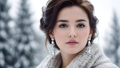 Beautiful woman posing wearing winter clothes and jewelry