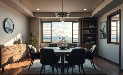 Japandi interior home design of modern dining room with chairs around a rustic round wooden dining table with home decor near the window Japandi interior design interior design japandi style modern