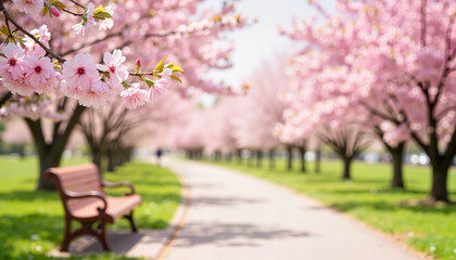 Cherry blossoms blooming in serene park setting during spring, tranquility