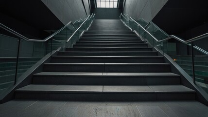 Modern dark grey stone staircase with glass railings leading upwards to light.
