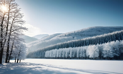 The sun is shining over a snowy forest and mountains landscape