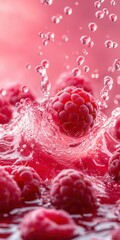 Ripe raspberries are captured splashing in water, creating a dynamic display of droplets and...