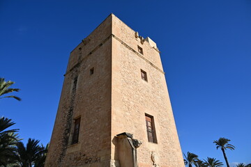 stara kamienna wieża na tle nieba i palmy © Miroslaw
