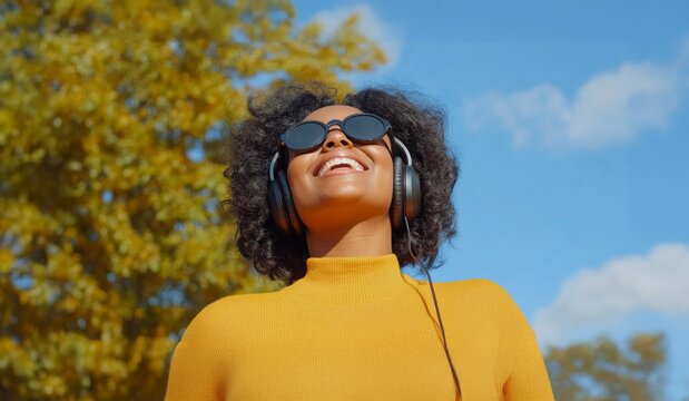 Curvy African woman running in a city park on a crisp autumn morning, wearing headphones.. Generated image
