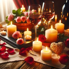 Romantic candles on the table with rose petals around and glasses of wine