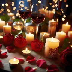 Romantic candles on the table with rose petals around and glasses of wine