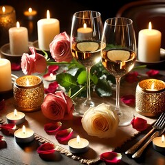 Romantic candles on the table with rose petals around and glasses of wine