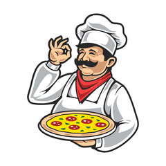 Italian chef with a mustache holding a delicious pizza. Italian pizza, a traditional national dish. Vector emblem.