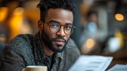 Young Man With Glasses Reviewing Documents Indoors