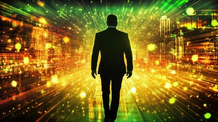 Fototapeta premium A Man Walks Into the Digital Future: A Journey Into Innovation and Technological Advancement