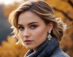 Naklejka premium Beautiful woman wearing earrings posing in autumn background