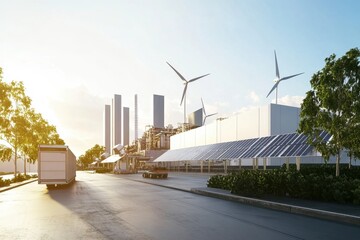 Modern industrial facility with wind turbines and solar panels at sunrise