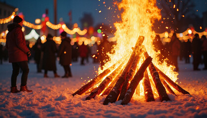 People Celebrating Maslenitsa Around a Large Bonfire at Night