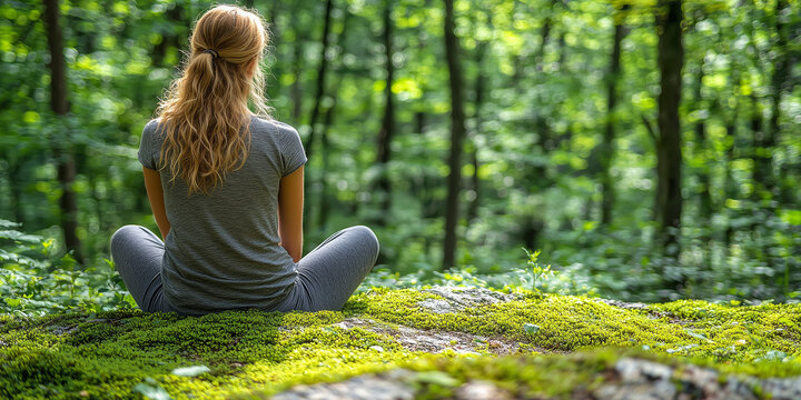 A woman sitting on a moss-covered rock in a lush forest, surrounded by greenery and sunlight.