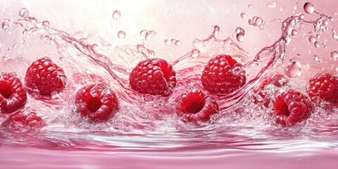 Juicy raspberries leap into sparkling water, causing lively splashes and droplets that reflect...