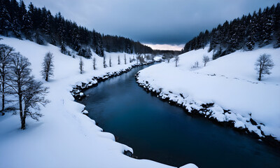 Obraz premium Blue river flowing through snowy landscape in winter