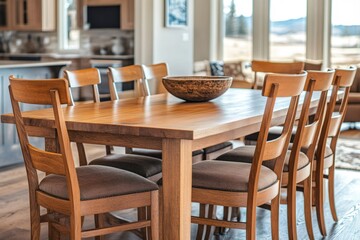Wooden dining table and chairs in modern home with mountain view