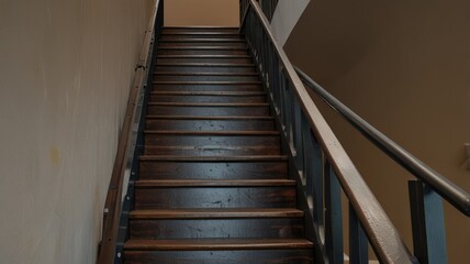 Interior wooden staircase with metal railings.