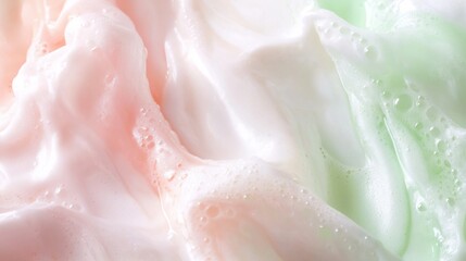 Close-up of pastel pink and green creamy foam texture.