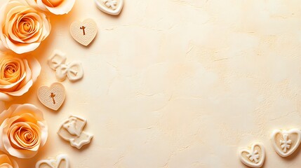 Creamy Roses and Heart Shaped Cookies Border a Blank Space