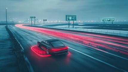 Autonomous Vehicle Night Drive: Futuristic Highway Scene