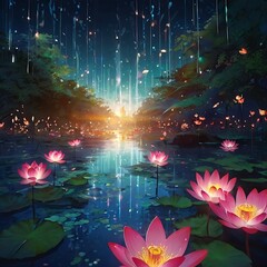 Obraz premium An ultra-anime scene blending Palekh aesthetics, intricate marble herbarium, glowing lotus, flying cranes, bioluminescence, and quantum effects, with glowing shadows, bokeh, and 8k detail.