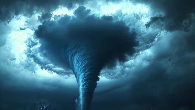 Dark tornado intensifies with lightning flashing during a severe storm at night