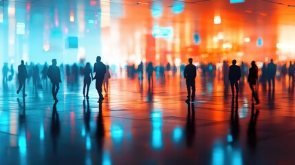 Blurred silhouettes of people in a vibrant, illuminated urban setting.